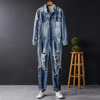 

European and American personality hip hop denim jumpsuit men's stage super brand ripped hole jumpsuits singer costumes