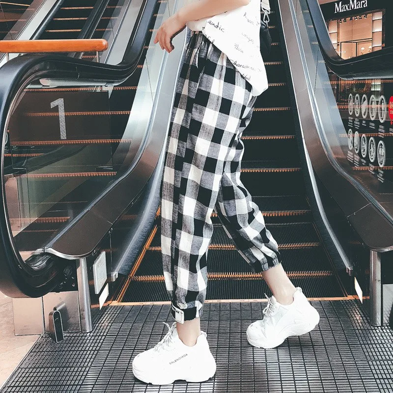 

Women's autumn casual pants clothes loose drawstring pants clothing fashion black white check harem pants
