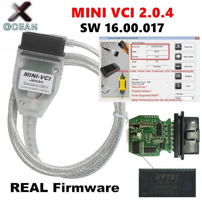 Real V2.0.4 Mini Vci Sw V16.00.017 A Toyota Tis Techstream Ftdi Ft232Rl Chip Mini-Vci J2534 Obd2 Autó Diagnosztikai Kábel