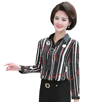 

Women Smart Casual Shirts Flower Vertical Stripe Chiffon Blouses Black Tie Knot Design Turn Down Collar Top For Office Lady New