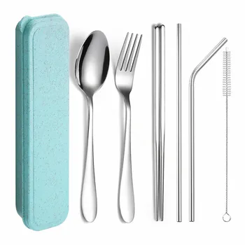 

Camping Tableware Cutlery Set Portable Outdoor Cutlery Travel Stainless Steel Straw Dinnerware Set Picnic with Box Dropshipping