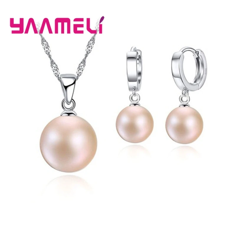 Smooth Women Wedding Jewelry Sets 925 Sterling Silver Ball Round Freswater Pearl Necklace Hoop Earrings Fashion Accessories 2