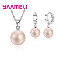 Smooth Women Wedding Jewelry Sets 925 Sterling Silver Ball Round Freswater Pearl Necklace Hoop Earrings Fashion Accessories 2