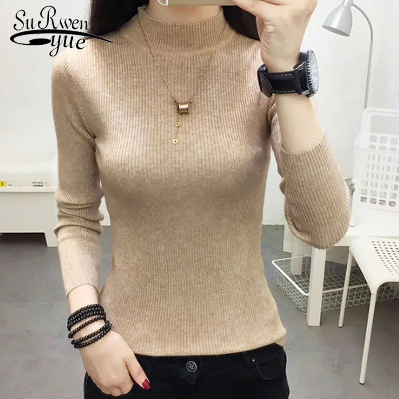 

Fashion Women Sweaters 2019 Winter Pullovers Solid Tight Sweater Women Long Sleeve Turtleneck Knitted Sweaters Thin 5799 50