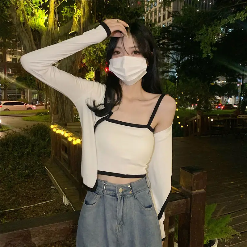 lounge sets for women Sets Women 2 Pieces Long Sleeve Cardigans Cropped Tanks Patchwork Sexy Sweet All-match Party Cozy New Ulzzang Outfits Mujer Ins womens underwear sets