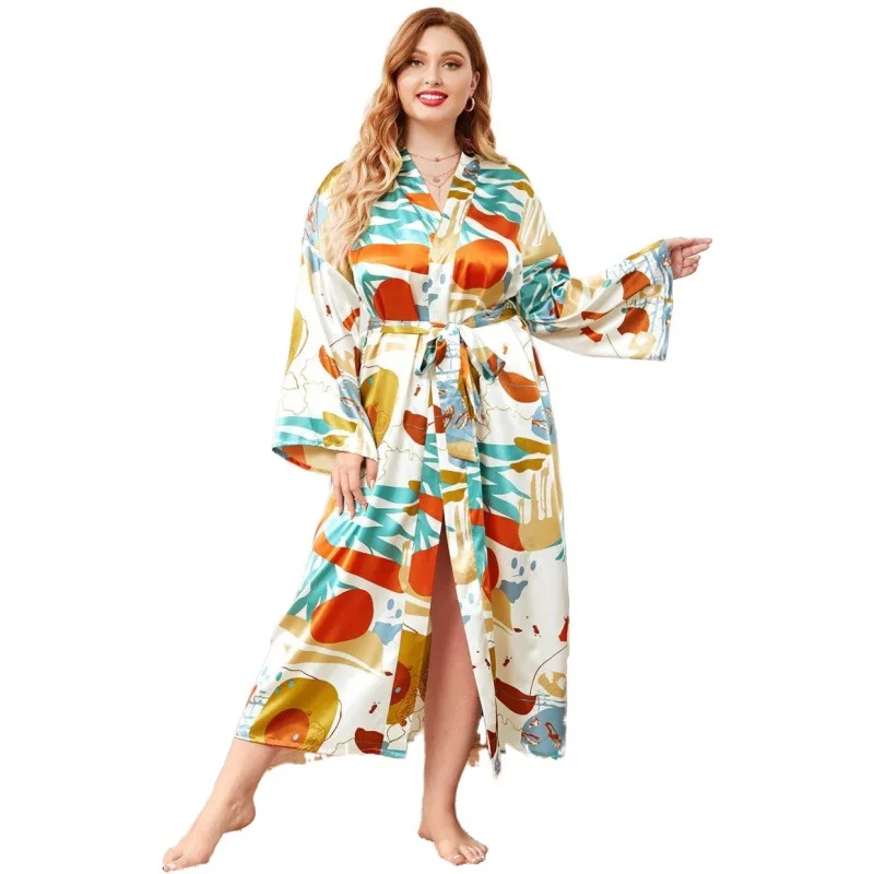 Sanderala Women Plue Size Print Robe V Neck Belted Women Sleepwear Elegant Satin Gown Bathrobe Home Pajamas Satin Robe Spring