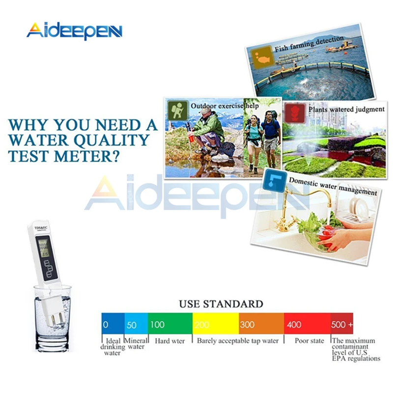 TDS EC Meter Temperature Tester Pen 3 in1 Measurement Tool 0-9990ppm water tester,water quality detector