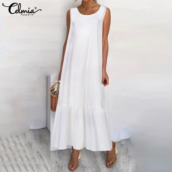 

Celmia 2020 Fashion Women Summer Dress Cotton Ruffles Maxi Long Sundress Casual Loose Sleeveless Party Vestidos Plus Size Mujer
