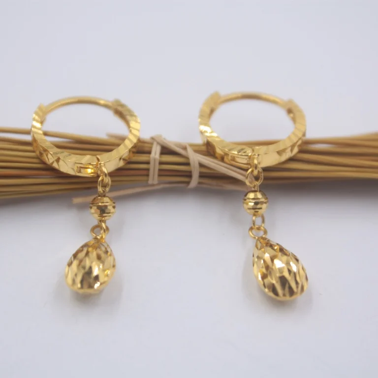 

Real 18K Yellow Gold Hoop Earrings Woman's Girl Carved Shine Raindrop Earrings 31mmH New Gift