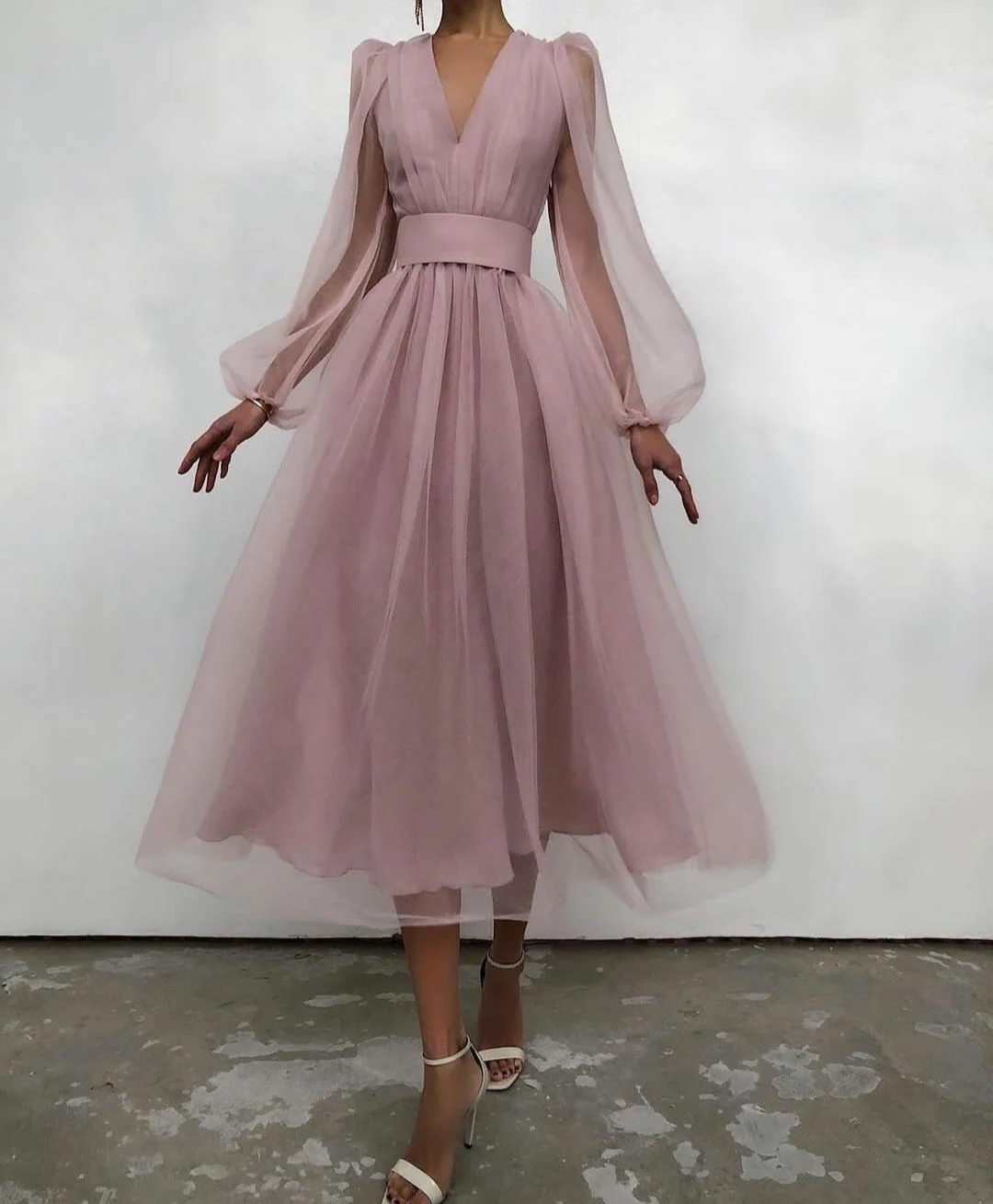 Long Sleeve A-line Short Tulle Evening Dresses Dusty Rose Tea Length Zipper  V-neck Abendkleider Formal Party Gown For Women - Evening Dresses -  AliExpress