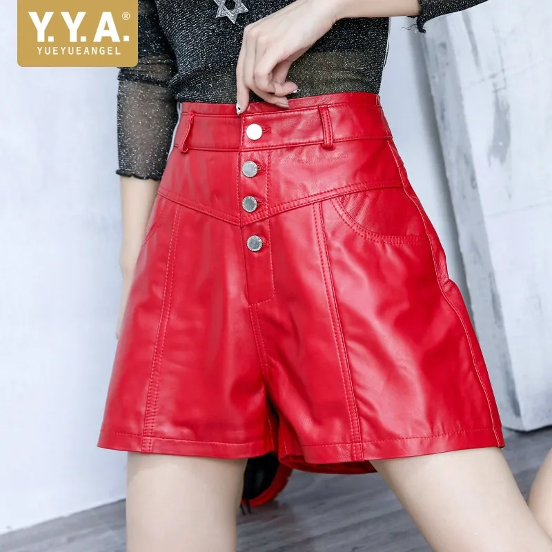 

Genuine Leather Wide Leg Shorts Office Lady Autumn Winter High Waist Single-Breasted Multi-Pockets Women A-Line Sheepskin Shorts