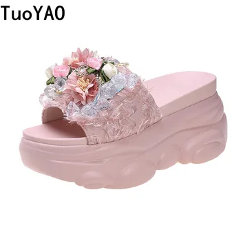

Summer Flower Women Slippers 2020 High Platform Wedges Sandals 9CM Heels Outside Flip-Flops Colorful Women White Sneakers