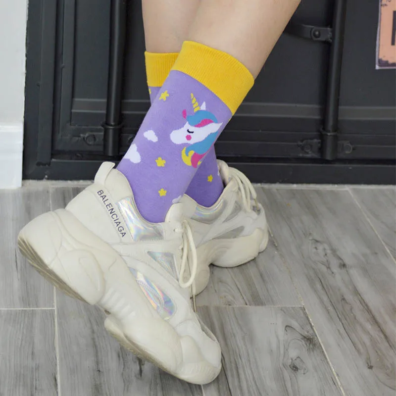 Женские носки, забавные мультяшные животные, фламинго, единорог, Акула, милые носки, женские креативные японские носки для скейтборда в стиле Харадзюку