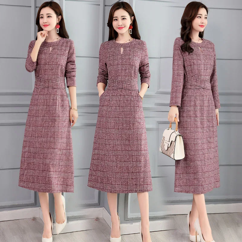 

New Style Photo Shoot Autumn And Winter 2018 Dress Plaid Commuting Crew Neck Long-sleeved Pullover Mid-length A- line Skirt Medi