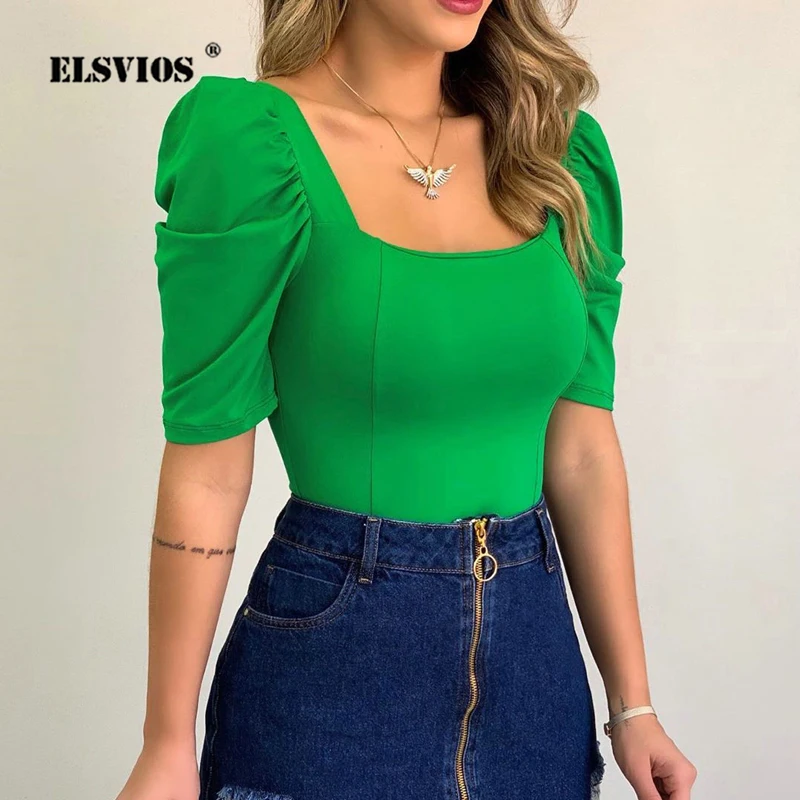 Sexy Square Collar Womens Blouses and Tops 2020 Spring Summer Pleated Short Sleeve Shirt Ladies Solid Fashion Streetwear Blouse Sexy Square Collar Womens Blouses and Tops 2020 Spring Summer Pleated Short Sleeve Shirt Ladies Solid Fashion Streetwear Blouse