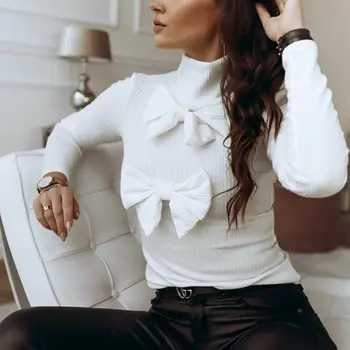 

Women's Lady Turtleneck Sweater Fashion New Ladies Bow Jumper Shirt Long Sleeve Top Pullover