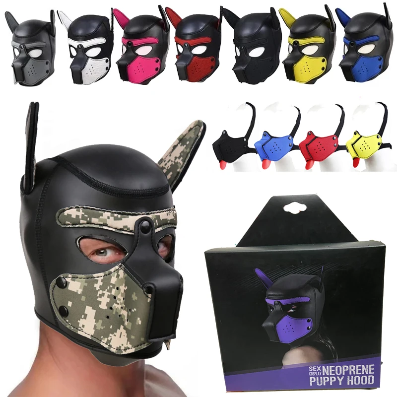 Neoprene Dog Full Face Puppy Mask with Collar Novelty Removable Cosplay Pup Hood Mask 