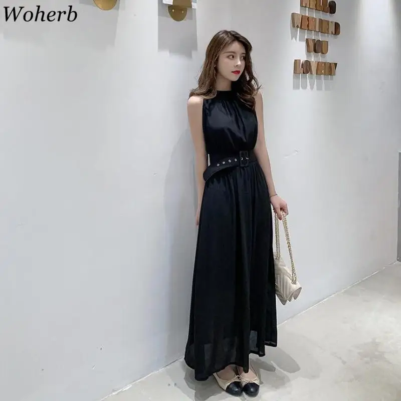

Woherb Sexy Chiffon Dress Women Summer 2020 Halter Sleeveless Dresses Korean Chic Slim Waist Vestidos Maxi Beach Dress 25494