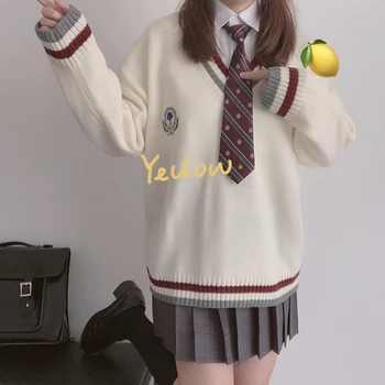 

Japanese Women JK uniform Badge Embroidery Sweater Coat Autumn Girls Loose Student Striped V-neck Pullover Tops College Style