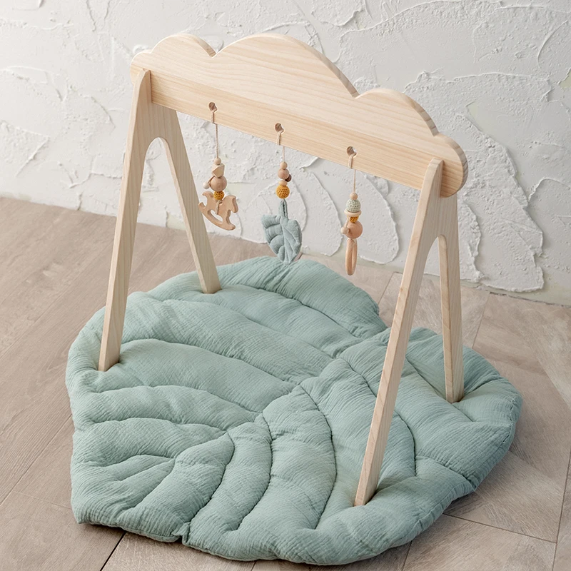 Baby Wooden Teether Gym Play Toys Cotton Leaves Mat Natural Wooden Rodent Stroller Chain Hanging Baby Toy Mobile Bed Holder Gift