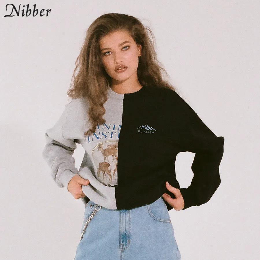 NIBBER, черный/серый, двухцветный, стильный женский пуловер с принтом, Осень-зима, длинный рукав, свободный, Повседневный, уличная одежда, толстовки, Топ