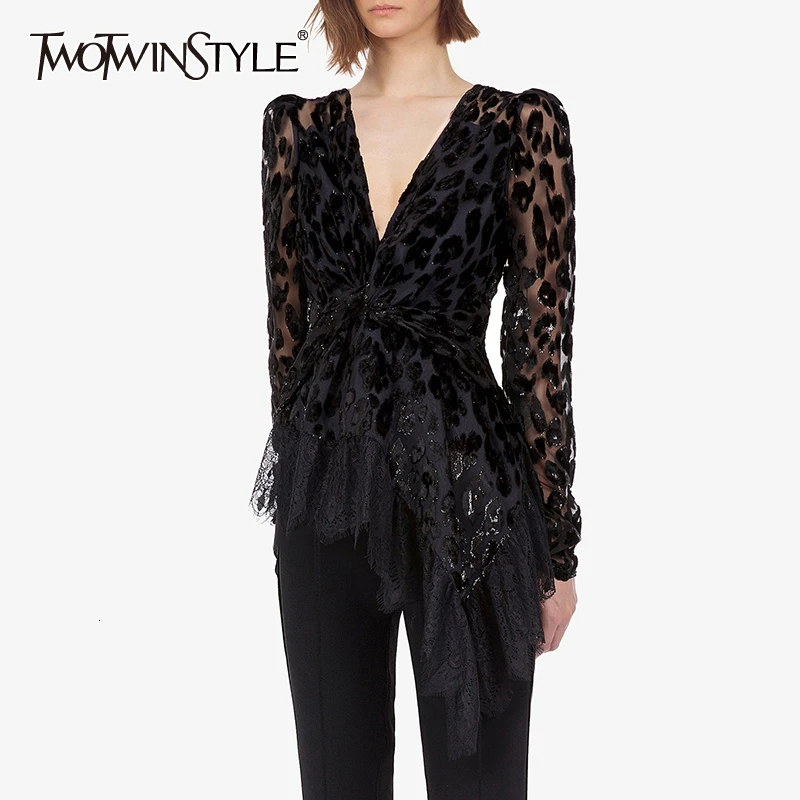 

TWOTWINSTYLE Patchwork Lace Print Blouses For Female V Neck Long Sleeve High Waist Irregular Shirts Women Fashion 2020 Clothing