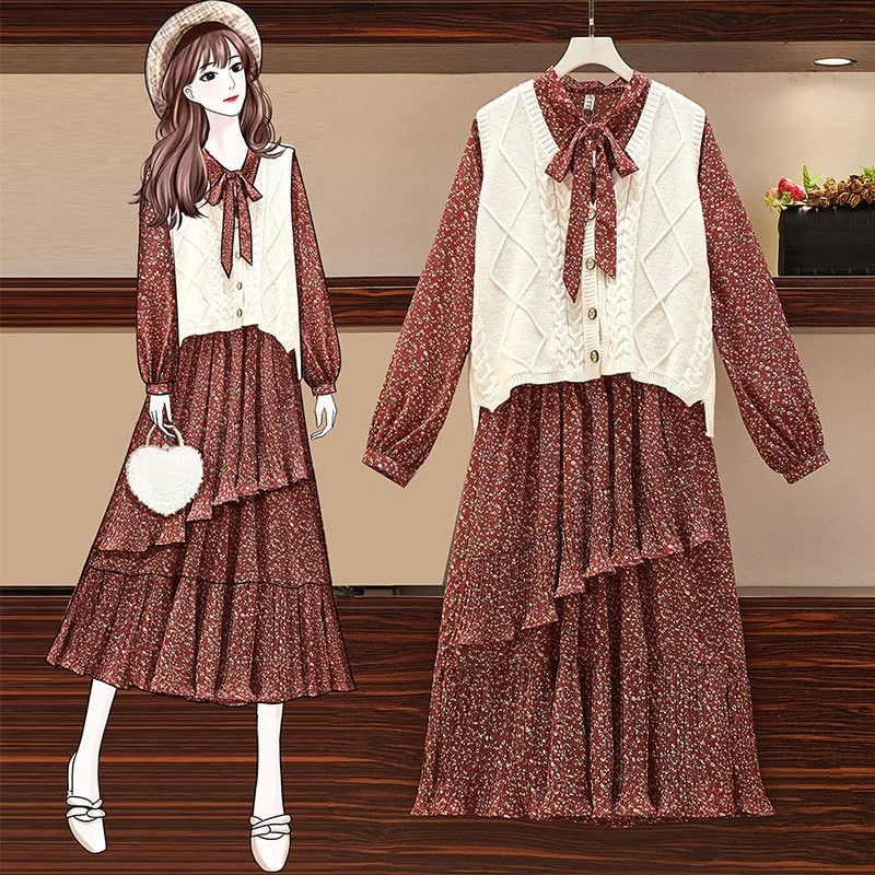 

2020 Autumn Winter Floral Chiffon Dress Set Two Piece Mid Long Bow Tied Large Size Vintage Slim High Waist Korean Long Sleeve