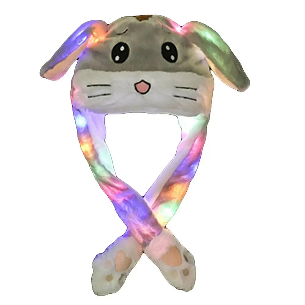 Забавная шапка, светящаяся шапка, милый плюшевый кролик с ушами, можно перемещать, шапка, детские Блестящие Зимние теплые вечерние шапки - Цвет: Серый