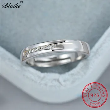 

Real s925 Sterling Silver Rings For Women Men Open Minimalist Wedding Bands White Crystal Couple Engagement Ring Korean Jewelry