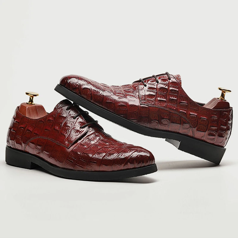 New Luxury Man Formal Dress Shoes Genuine Leather Alligator Pattern Oxfords Pointed Toe Derby Men's Wedding Party Flats SS572