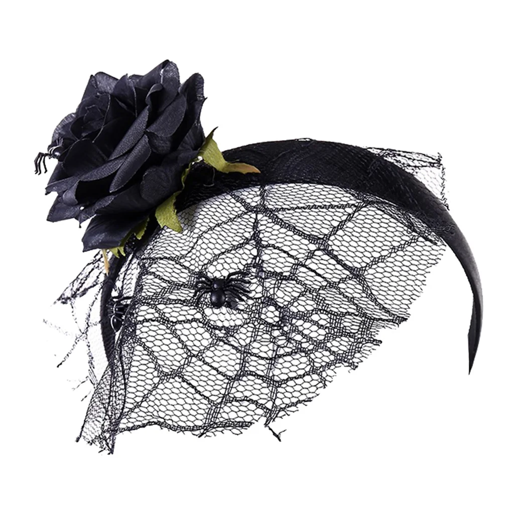 Halloween Black Flower Headband with Veil Headpiece Hair Band Hoop Mexican Fancy Dress Headpiece 