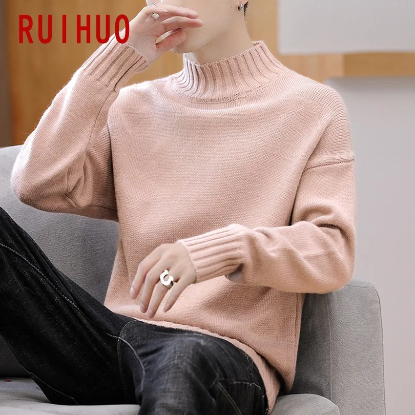 RUIHUO, новинка, Осень-зима, однотонный теплый свитер с высоким воротом, мужской облегающий свитер, Мужская водолазка, вязаный пуловер, Мужская M-3XL