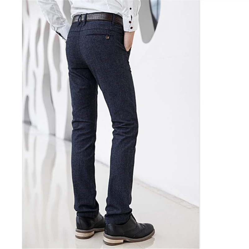 Autumn Winter High Quality Cotton Linen Solid Color Casual Pants Pocket Leather Medal Badge Men's Business Fashion Slim Trousers