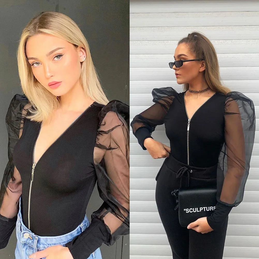 2020 Sexy Women's Bodycon Zipper V Neck Jumpsuit Puff Long Sleeve Bodysuit Leotard Romper Top Blouse Bodysuits backless bodysuit