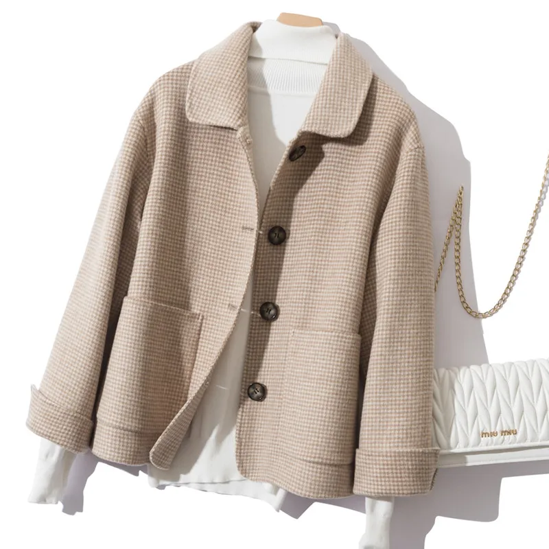AYUNSUE шерстяное пальто Женская длинная куртка короткая весенне-осеннее пальто женские короткие корейские куртки с гусиной лапой пальто 7593 KJ2873 - Цвет: Camel