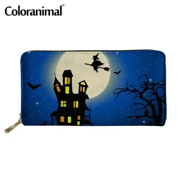 

Coloranimal Halloween Theme Hot Sale PU Wallet Credit Card Holder for Girls Boy Witch Flying Over The Castle Pattern Money Purse