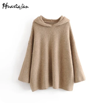 

Huaxiafan knitted sweater hooded solid color women pullovers female elegant hooded sweaters autumn winter office ladies wears