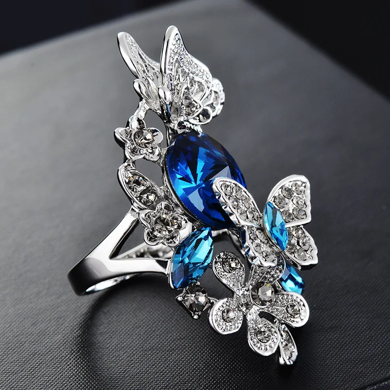 

New Fashion Butterfly Crystal Zircon Inlaid Crystal 925sterling Silver Ring European and American Trend Ring Ladies Jewelry Gift