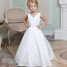 Elegant Simple Tea-Length Flower Girl Dress 2021 A-Line Button V-Neck Sleeveless Satin Custom Made For Wedding Children Princess