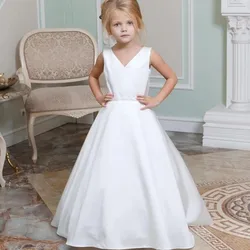 Elegant Simple Tea-Length Flower Girl Dress 2021 A-Line Button V-Neck Sleeveless Satin Custom Made For Wedding Children Princess