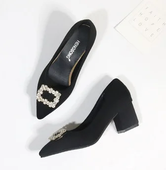 Женские модельные туфли на среднем каблуке с кристаллами; туфли-лодочки с острым носком; свадебные удобные лоферы серого и черного цвета размера плюс 17, 4; Новое поступление года - Цвет: 5.5cm flock