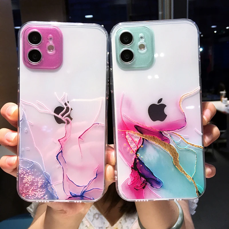 Watercolor Painting Phone Case For iPhone 13 Pro Max 12 Mini 11 X XR XS 7 8 Plus 6S Colorful Marble Clear Soft Shockproof Cover