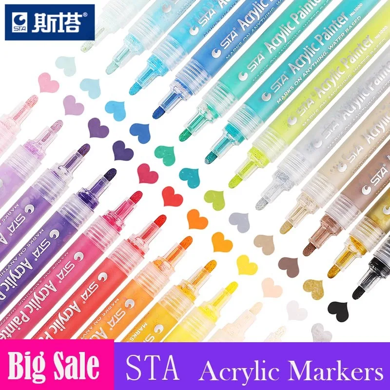 Kaufen 12 24 farben STA Acryl Maler Marker Stifte Pinsel stift Art Marker Rock Glas Porzellan Becher Holz Stoff Leinwand Malerei 04376