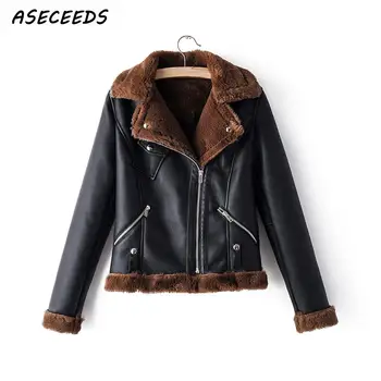 

Vintage faux leather jacket womens pu leather coat fur collar thick warm winter black motorcycle biker jacket women coat 2019