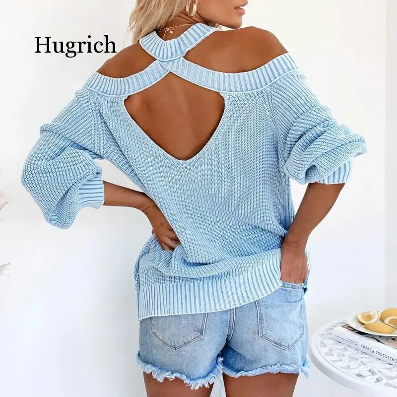 

Autumn Sexy Halter Sweater Women Hollow Out Backless Cross Fashion Solid Jumper Puff Sleeve Winter Oversize Sweaters Top