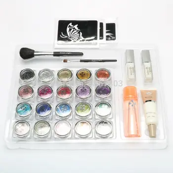 

20 Color Glitter Tattoo Kit Body Painting Art With Powder/Brushes / Glue / Stencils Temporary tattoo kit Tattooing Supplies