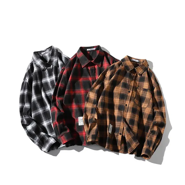 Harajuku Plaid Shirts Men's Spring 2021 Autumn Winter High Quality Casual Flannel Men Oversized Loose Retro Long-sleeved Shirts 5
