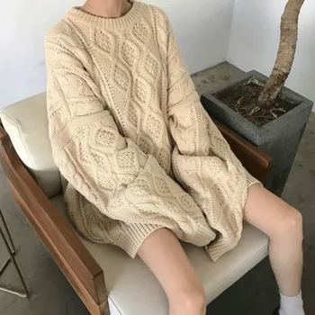 

Knit Sweater Women Loose Pullover 2020 Spring Autumn Puff Sleeve Woman Round Collar Oversized Midi Fashion Chic Female Pullover