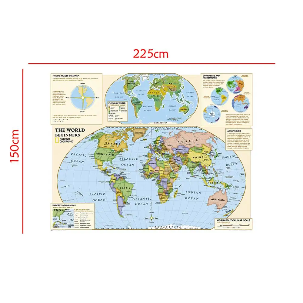 

150x225cm Non-woven Foldable World Physical Map With Detailed Label Without National Flag For Beginner