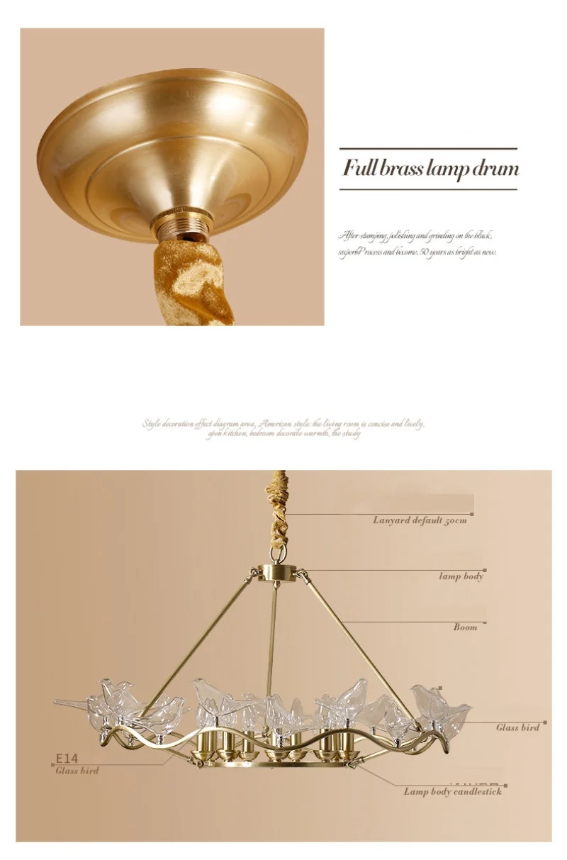 Креативная люстра из скандинавского стекла с птицами, люстры для ресторана, светодиодный светильник для гостиной, спальни, E14, 220 В, золотой цвет